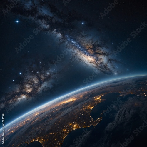  A stunning view of Earth at night from space with visible city lights. Above Earth a clear view of the Milky Way galaxy and glowing stars illuminates the dark sky