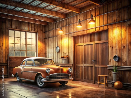 old school car service center background with vintage decor and worn wooden paneling featuring a warm orange and brown color palette conveying a sense of classic Americana and nostalgia photo