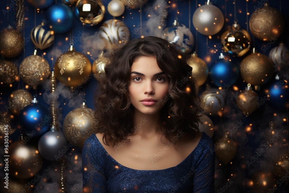 A young woman with curly hair poses gracefully amid festive decorations on a winter evening A young woman with curly hair poses gracefully amid festive decorations on a winter evening