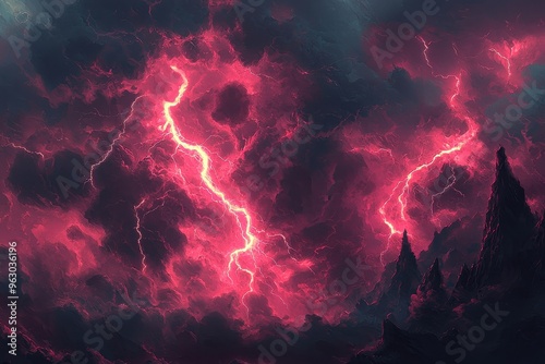 Dramatic pink lightning storm with dark clouds and thunderbolts over silhouetted mountain peaks