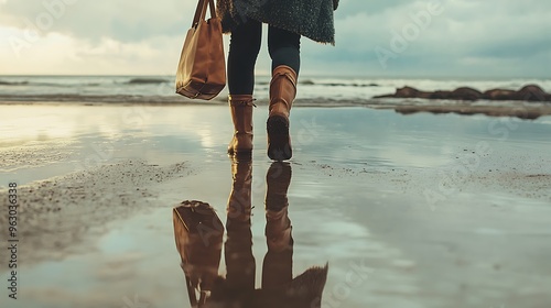 A girl stepping down from sea place, the ground slick with rain, reflecting the sea, holding his ladies bag under one arm as he walks away photo