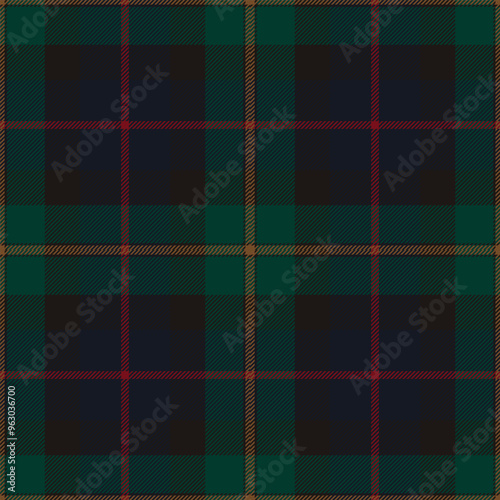 Dark green, black and red tartan plaid. Scottish pattern fabric swatch close-up. 