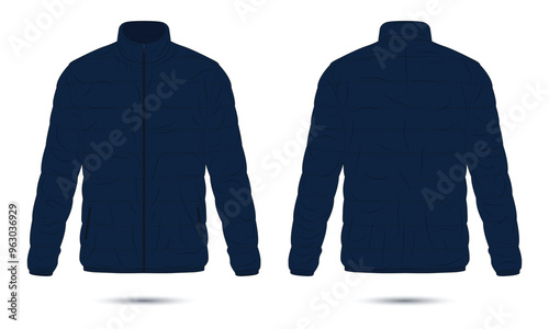Dark blue outdoor puffer jacket mockup front and back view