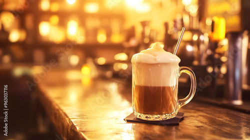 Creamy coffee drink in a glass mug on a bar counter with warm lighting in a cozy cafe atmosphere. Copy space photo