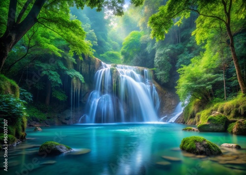 Peaceful Waterfall Scene in stunning High Definition with misty greens and blues hues soothing senses of serenity and tranquility amidst lush surroundings