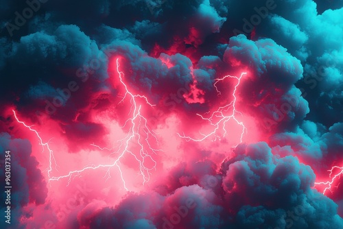 Dramatic storm clouds with intense lightning bolts in vibrant red and blue shades