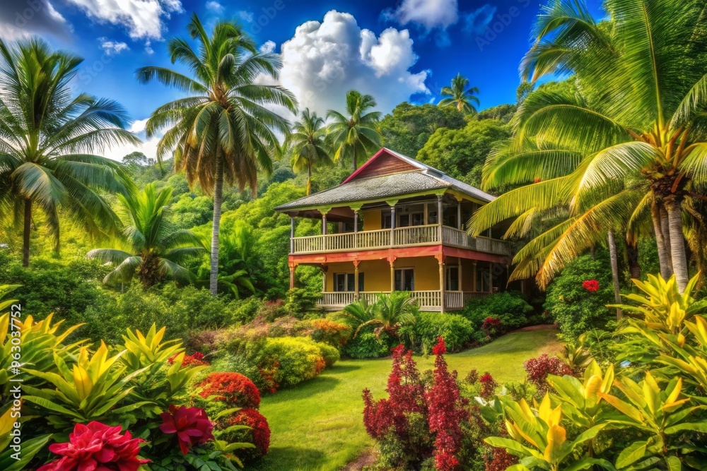 Fototapeta premium plantation house exotic tropical lush vibrant colorful lush vegetation natural paradise idyllic