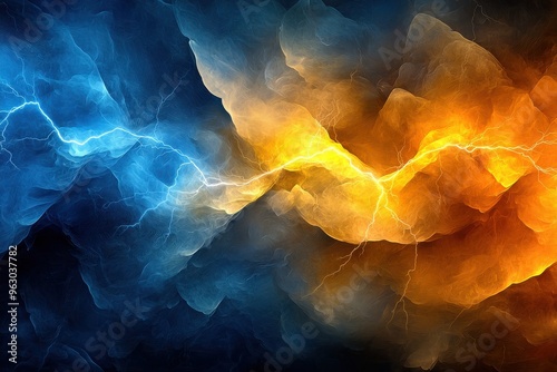 Dramatic storm clouds with lightning and fiery colors in the sky. Concept of power, nature, climate, and natural disaster