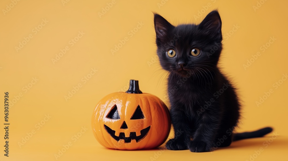 Black kitten with jack o' lantern on an orange background Black kitten with jack o' lantern on an orange background