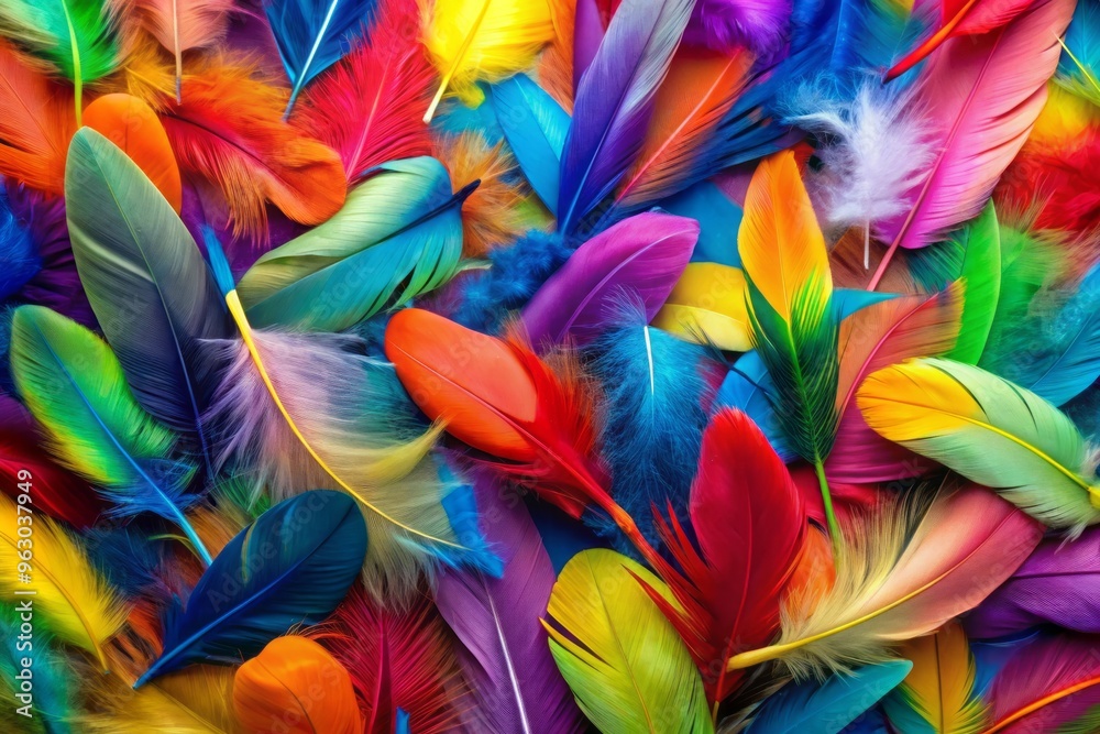 Playful and chaotic composition of multiple bird feathers in bright colors Playful and chaotic composition of multiple bird feathers in bright colors