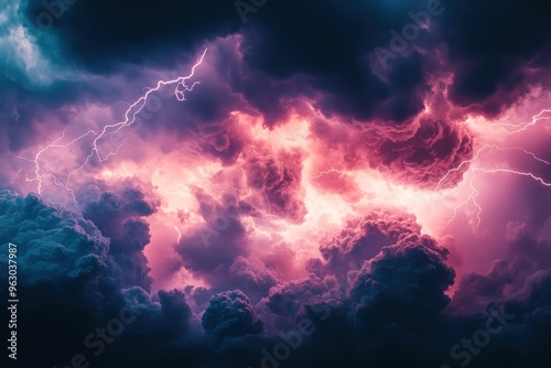 Dramatic storm clouds with lightning bolts in colorful night sky. Powerful natural phenomenon of atmospheric electricity.