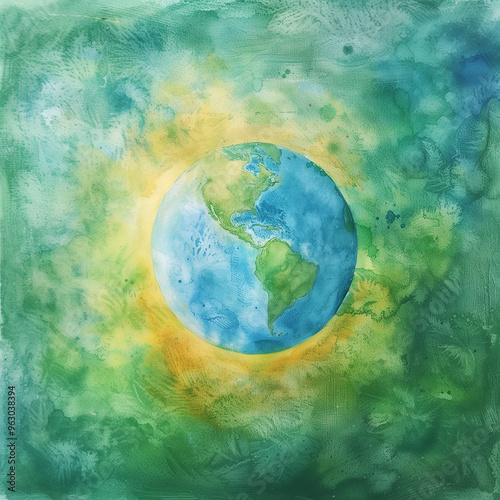 Green and blue Earth, watercolor style, nature and sustainability theme, eco concept photo