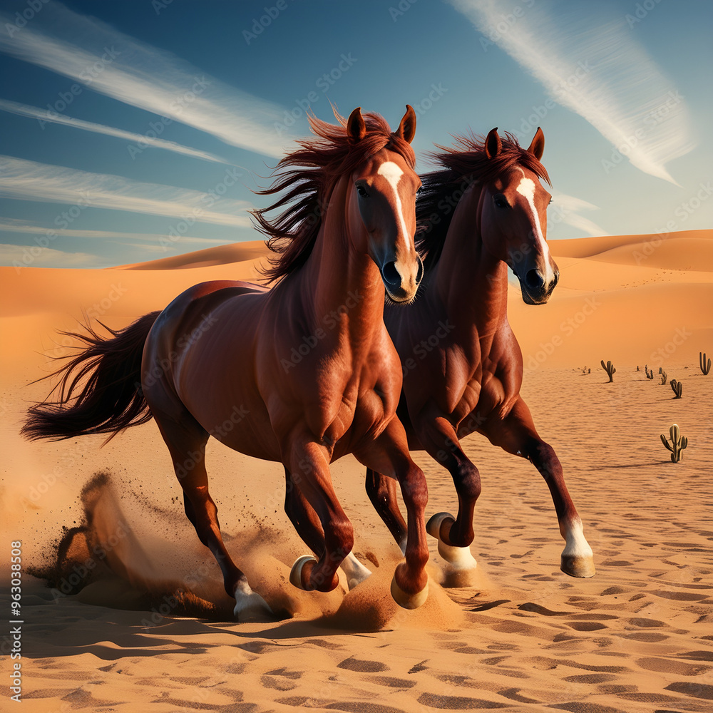 Two Horses Run Unhindered Across the Vast Desert Sands in Motion Two Horses Run Unhindered Across the Vast Desert Sands in Motion