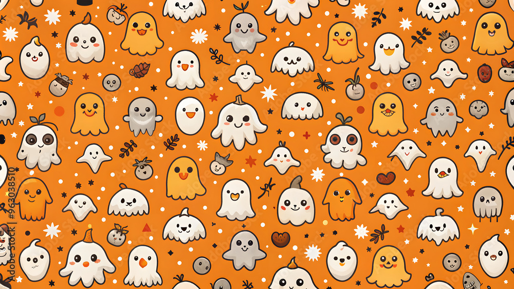 Halloween ghost seamless pattern background. Holidays cute ghost cartoon character. orange background. cute ghosts, pumpkins, corn candy, on a violet background Halloween ghost seamless pattern background. Holidays cute ghost cartoon character. orange background. cute ghosts, pumpkins, corn candy, on a violet background