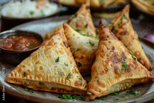 Delicious flavourful samosas filled with savory ingredients served with side of tangy dipping sauce