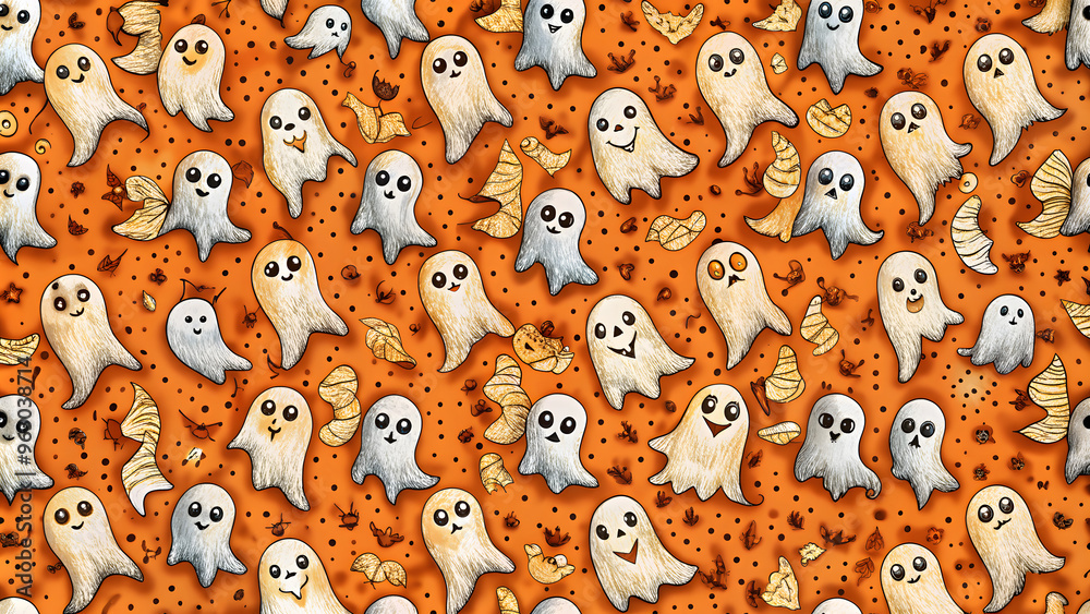 Halloween ghost seamless pattern background. Holidays cute ghost cartoon character. orange background. cute ghosts, pumpkins, corn candy, on a violet background Halloween ghost seamless pattern background. Holidays cute ghost cartoon character. orange background. cute ghosts, pumpkins, corn candy, on a violet background