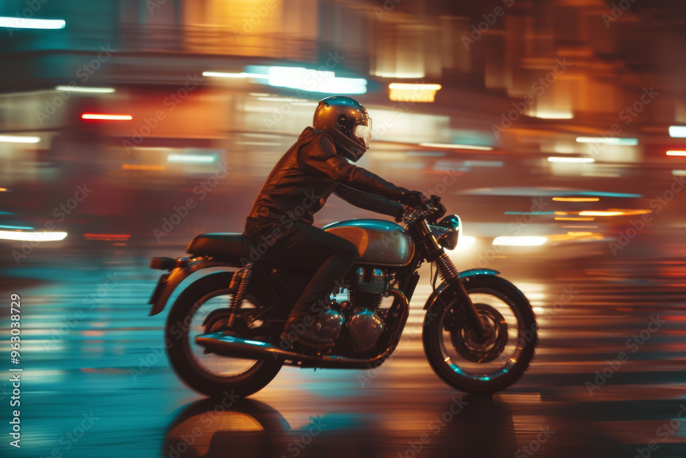 Motorcyclist riding through city streets at night, side view capturing motion blur panning effect Motorcyclist riding through city streets at night, side view capturing motion blur panning effect
