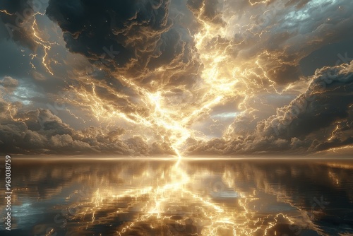 Dramatic storm clouds with lightning reflected in calm lake or pond