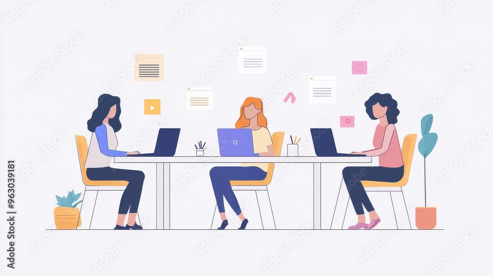 Three women collaborating at a desk, focused on their laptops, showcasing teamwork and creativity in a modern workspace Three women collaborating at a desk, focused on their laptops, showcasing teamwork and creativity in a modern workspace