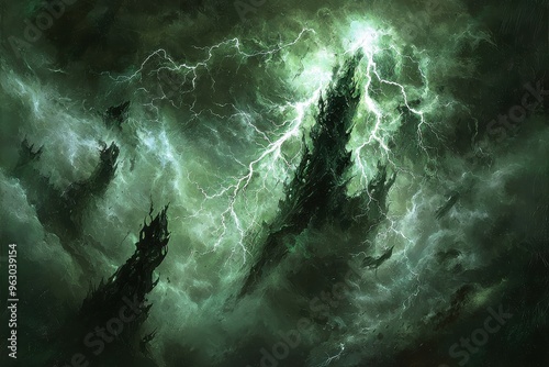 Dramatic storm with lightning bolts striking through dark cloudy sky