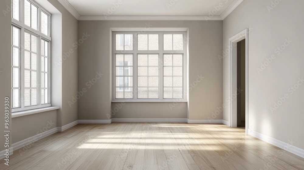 Empty Room with Large Window and Wood Floor Empty Room with Large Window and Wood Floor