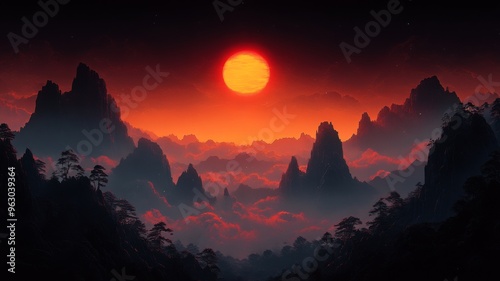 Majestic Sunset Over Misty Mountain Range with Dramatic Red Sky and Silhouetted Peaks