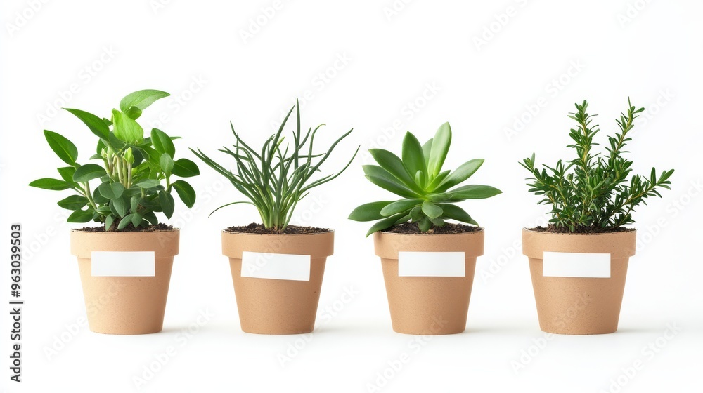 Four potted plants with blank labels. Four potted plants with blank labels.