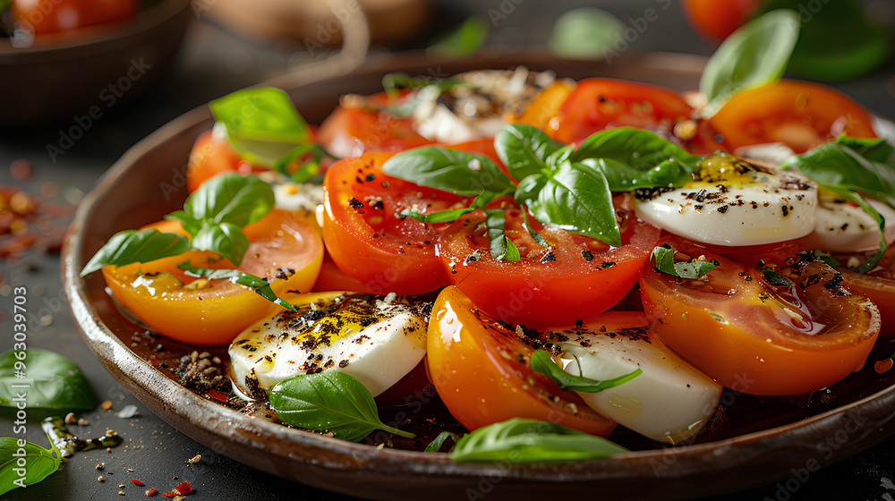 A plate of salad with tomatoes, mozzarella and basil on top A plate of salad with tomatoes, mozzarella and basil on top