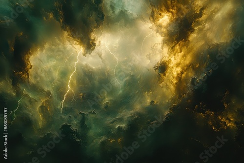 Dramatic stormy clouds with lightning bolts in dramatic sky landscape
