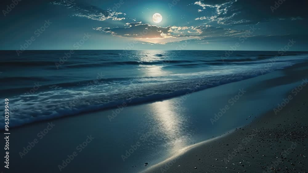 A mesmerizing view of gentle ocean waves illuminated by the full moonlight, with shimmering reflections dancing across the dark water and a sky dotted with stars.