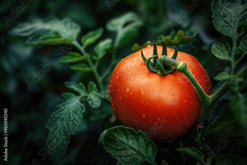 Vibrant red tomato surrounded by lush green leaves in a garden setting. Close-up shot of ripe fresh tomato plant with green plants around. Perfect for food, nature, and eco-themed projects. photo