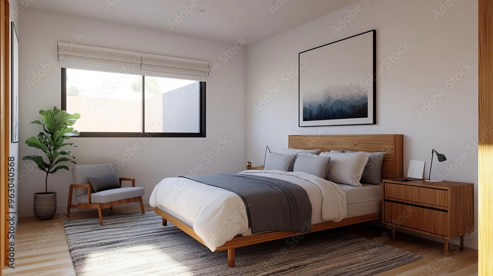Fototapeta premium Bedroom with convertible spaces for work, exercise, and relaxation, multi-purpose