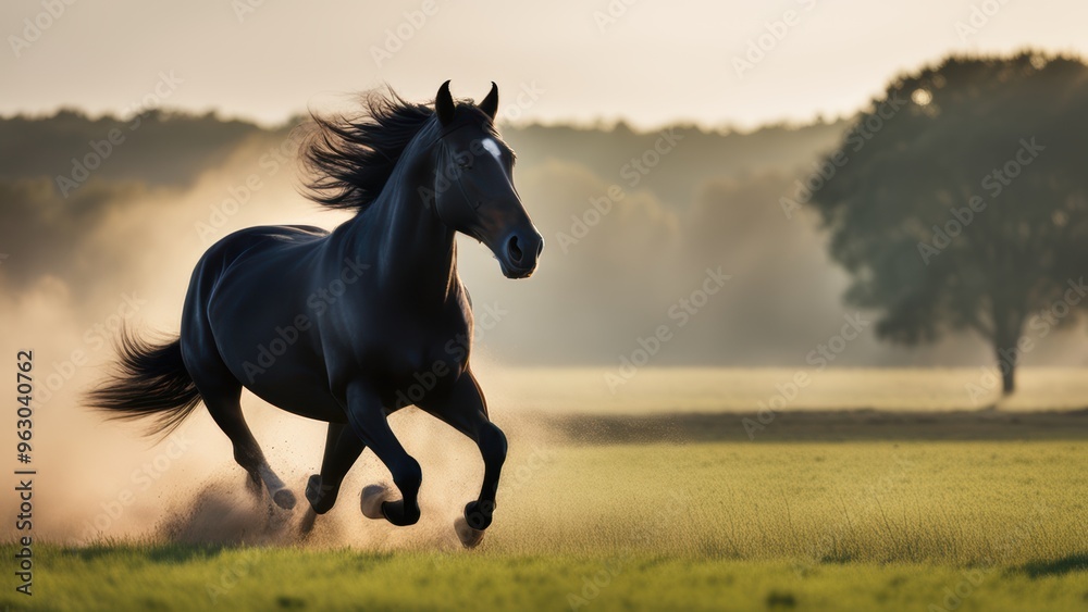 A dark brown horse gallops across a grassy field mane and tail blowing in the wind amidst misty morning/afternoon light. A dark brown horse gallops across a grassy field mane and tail blowing in the wind amidst misty morning/afternoon light.