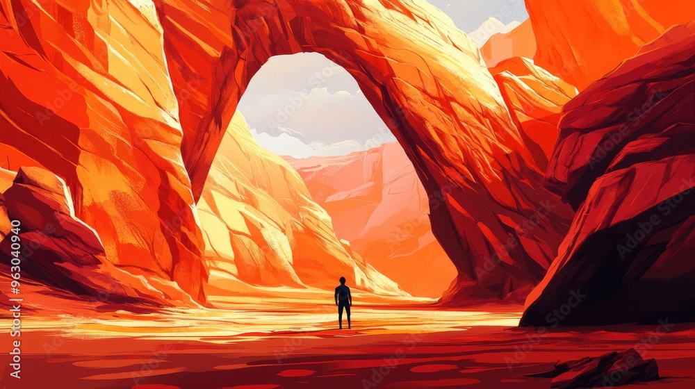 Naklejka premium A Figure Stands Alone in a Red Rock Canyon, Looking Towards the Light