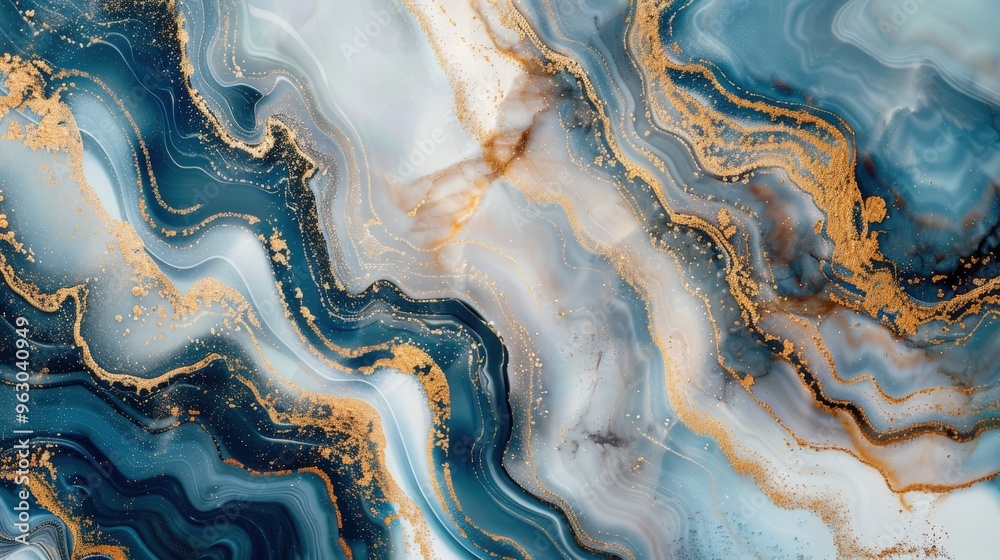 A stunning mix of deep blues, golds, and whites forms fluid marble textures for an eye-catching abstract background. A stunning mix of deep blues, golds, and whites forms fluid marble textures for an eye-catching abstract background.