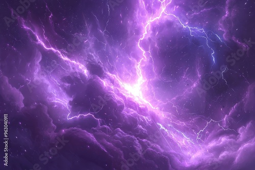 Dramatic stormy purple sky with lightning bolts piercing through dramatic clouds