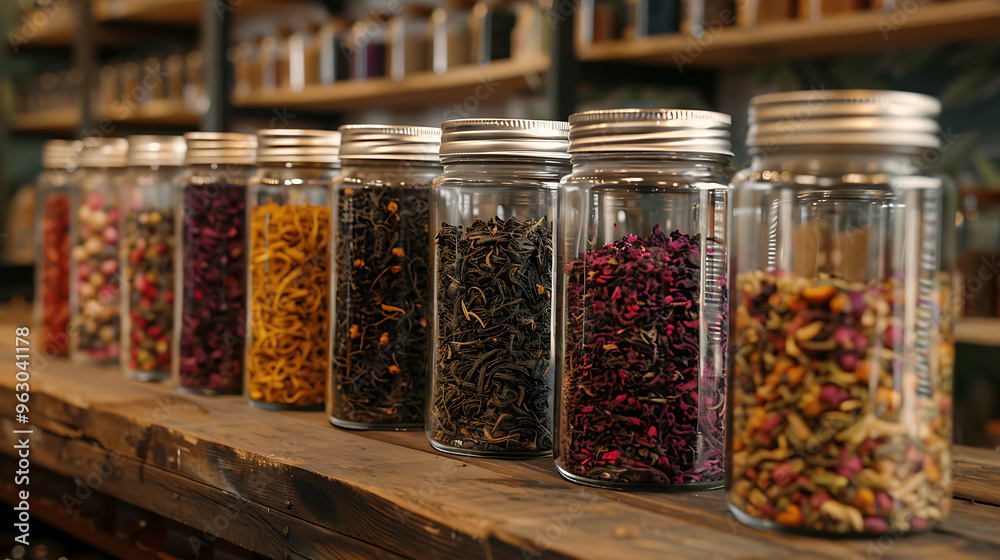 A row of glass jars filled with colorful dried tea leaves, ready for brewing a delicious cup.