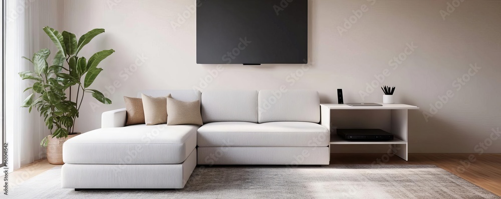 Compact living room with a hidden projector and pull-out work desk, modern tech Compact living room with a hidden projector and pull-out work desk, modern tech