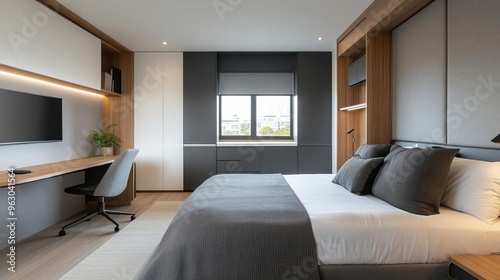 Contemporary bedroom with convertible desk and exercise area, modern and sleek