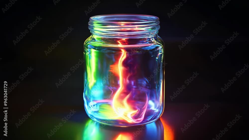 Jar filled with colorful glowing lightning, creating a surreal and futuristic energy effect Jar filled with colorful glowing lightning, creating a surreal and futuristic energy effect