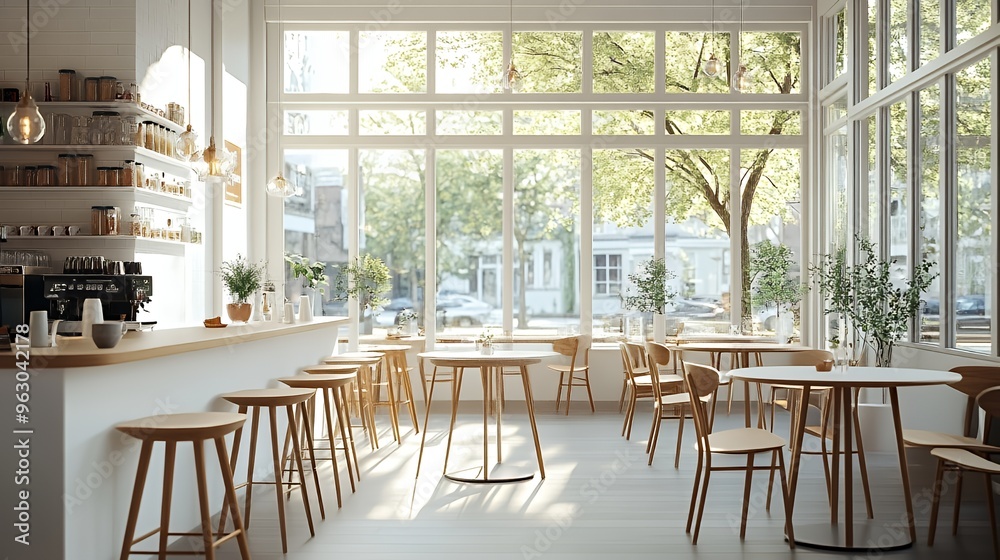 Modern cafe interior with wooden chairs and tables in front of large windows overlooking a city street. Modern cafe interior with wooden chairs and tables in front of large windows overlooking a city street.