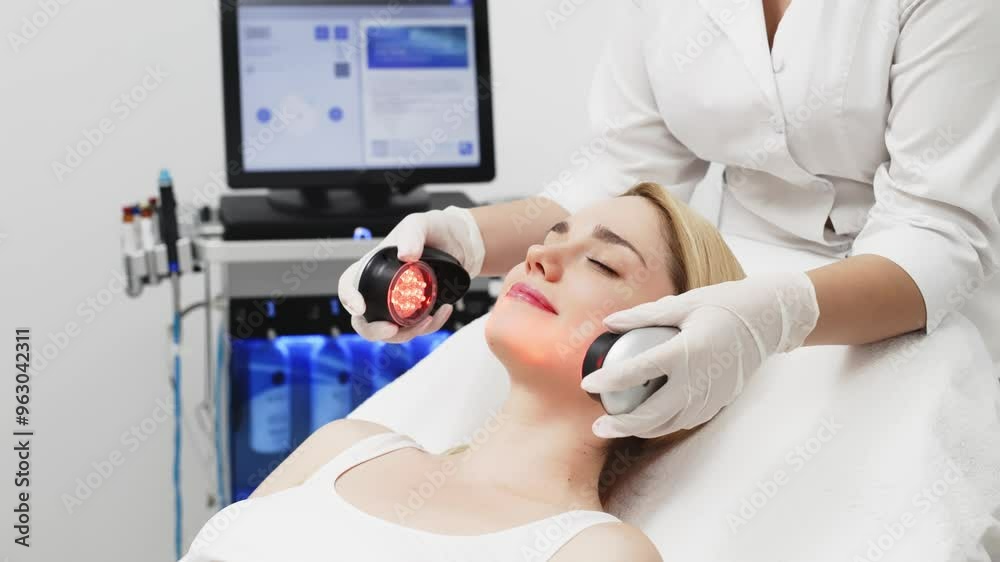 A cosmetologist performs LED light therapy for facial rejuvenation. This non-invasive treatment improves skin elasticity, reduces aging signs, and enhances overall skin radiance. A cosmetologist performs LED light therapy for facial rejuvenation. This non-invasive treatment improves skin elasticity, reduces aging signs, and enhances overall skin radiance.