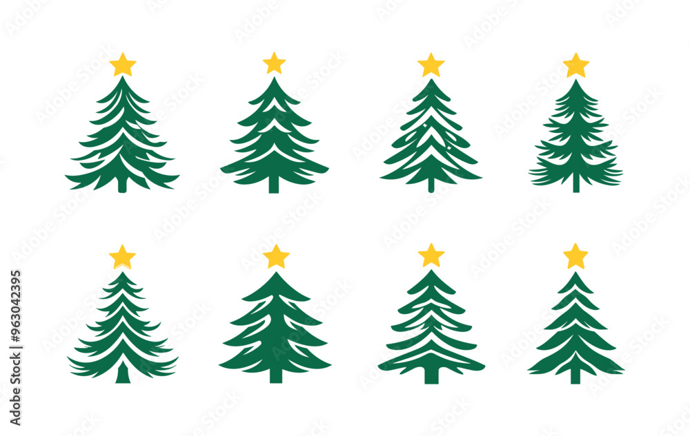 Set of Simple Christmas Tree Icons with Stars Set of Simple Christmas Tree Icons with Stars