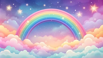 Ingelijste posters Regenboog Dromerige regenboog met sterren en wolken  © designhunt