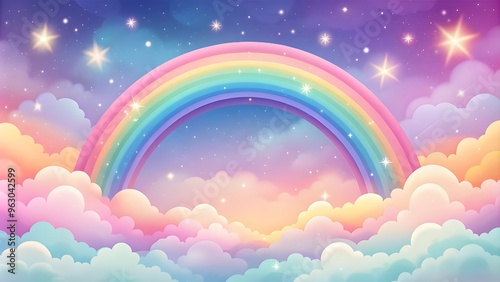 Holographic fantasy rainbow background with clouds and stars. Pastel color sky. Magical landscape, abstract fabulous pattern. Cute candy wallpaper. whimsical digital rainbow background 