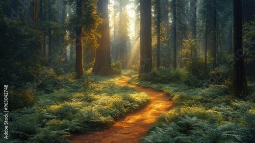 Serene forest path illuminated by soft sunlight through trees.