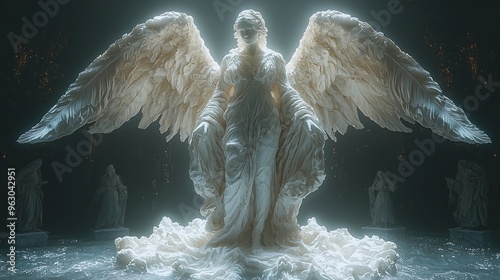 Angelic Statue of Eternal Peace, Illuminated by the Radiant Halo Above Her Magnificent White Wings
壮大な白い翼の上に輝く光輪で照らされた永遠の平和の天使像.Generative AI photo