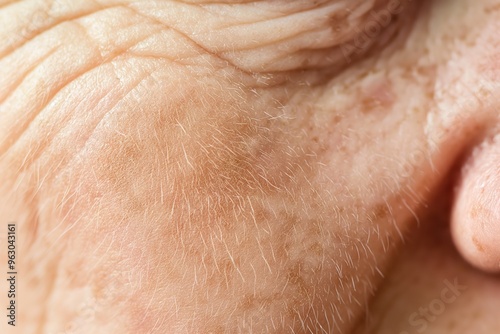 Close-up of human skin showing wrinkles and white spots. Face texture, skin rash, close up. Elderly person face with age-related skin issues. Skin care, beauty, health concept. photo