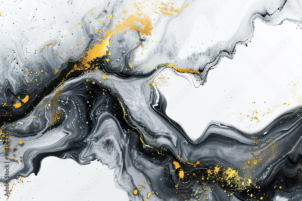 Obraz premium A painting of a black and gold swirl with gold specks,