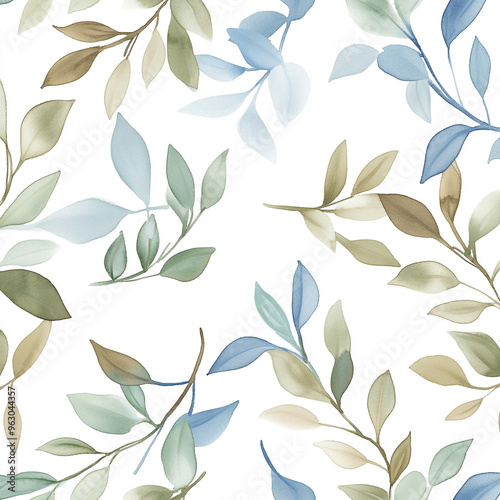 Elegant botanical pattern with soft pastel leaves on a white background 화이트 배경에 부드러운 파스텔 잎의 우아한 식물 패턴